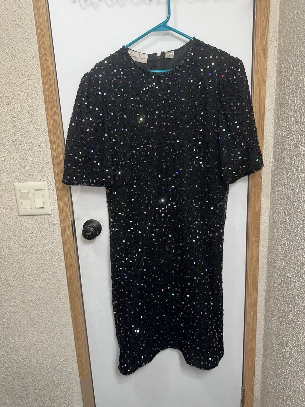 LAURENCE KAZAR Black Beaded Colorful Sequin Silk Shoulder Pad Mini Dress 1X VTG